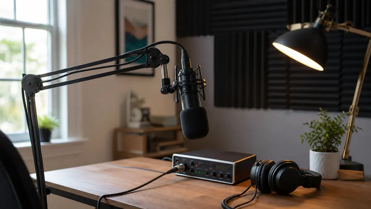 Home voiceover desk with boom microphone, audio interface and closed-back headphones