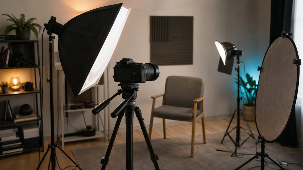Mirrorless camera on a tripod with a softbox, fill light and reflector in a compact studio