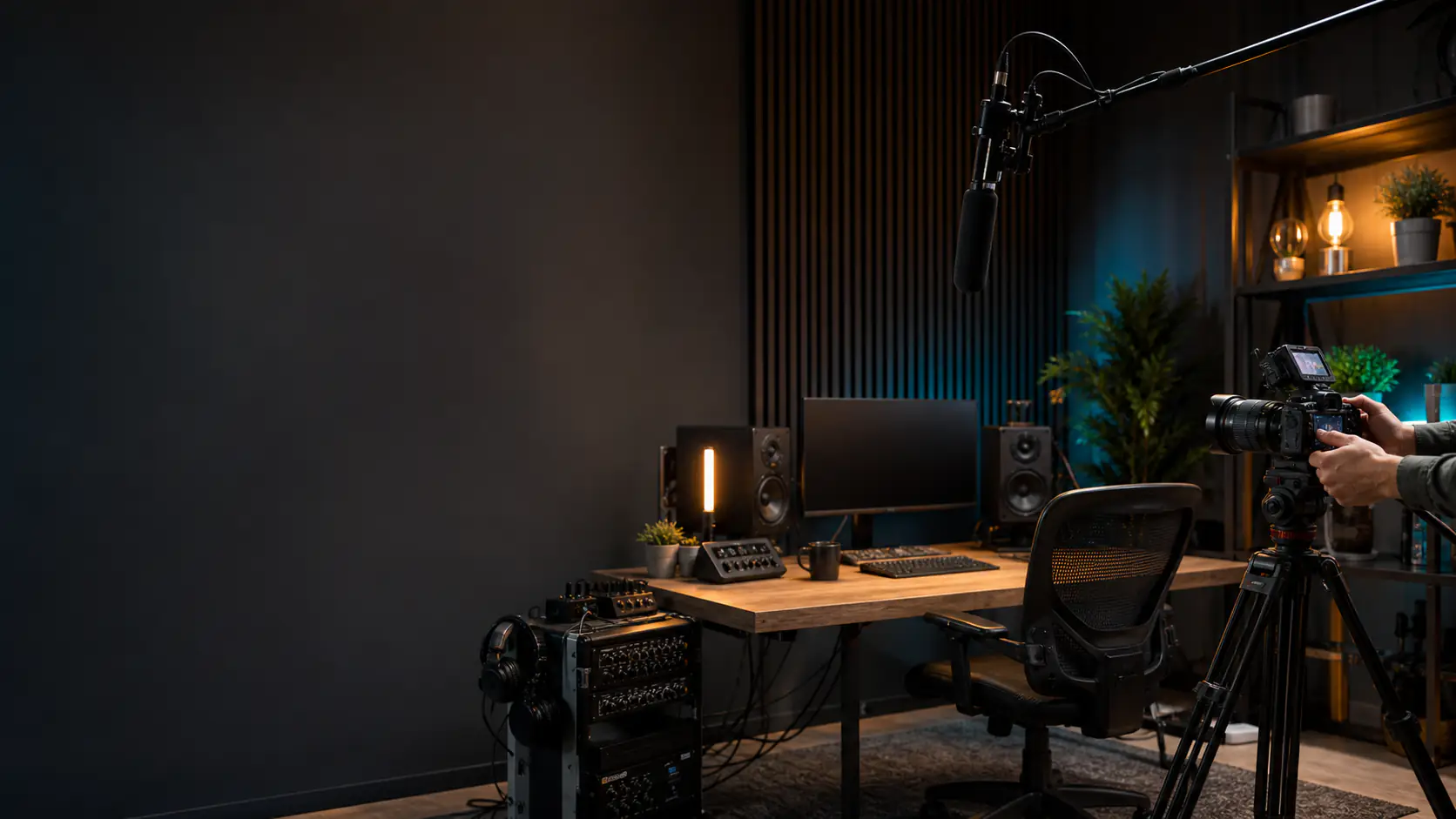 Camera, microphone, editing desk and audio equipment in a working creator studio