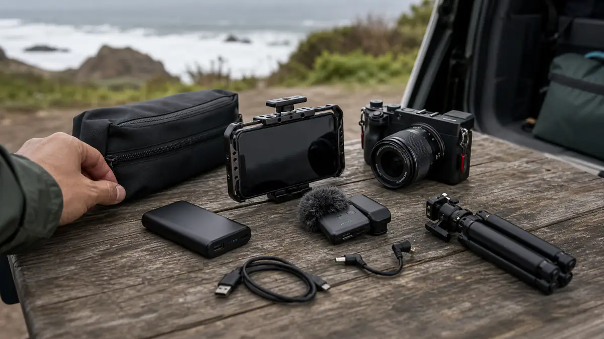 Smartphone rig, compact camera, wireless microphone and field power kit on an outdoor table