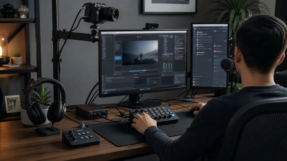 Creator operating a dual-monitor streaming desk with camera, capture controls and headphones