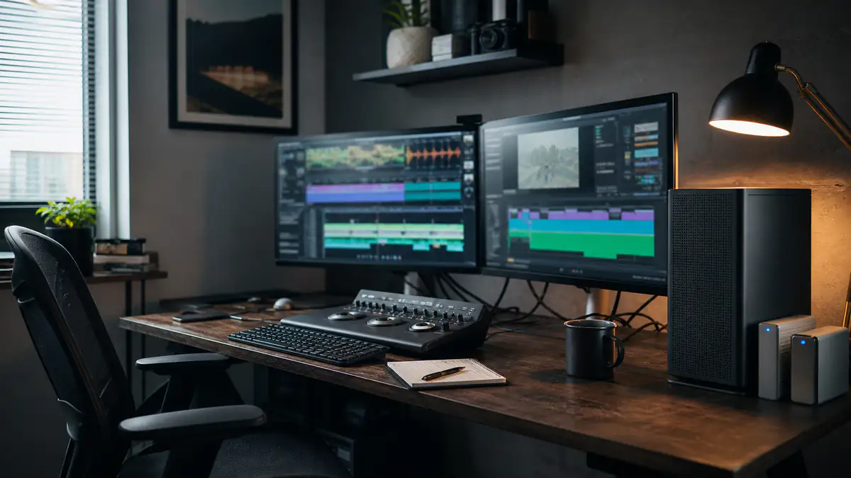 Dual-monitor editing workstation with desktop tower, storage drives and control surface