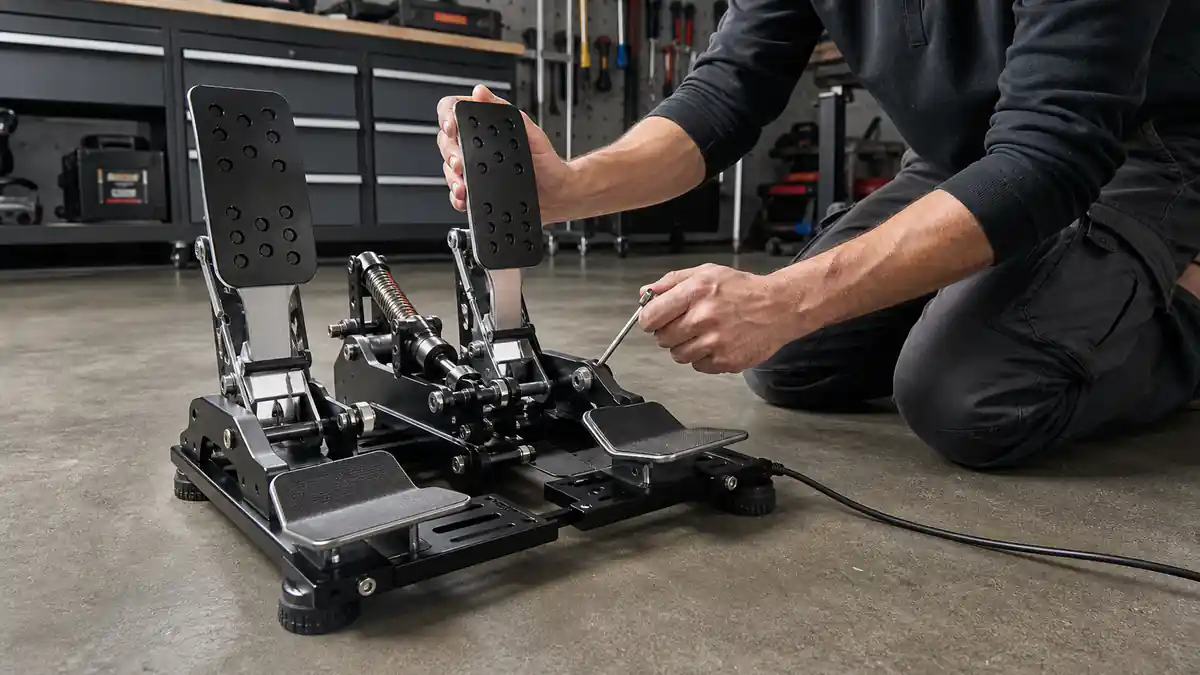 Technician adjusts resistance on a connected pair of flight rudder pedals