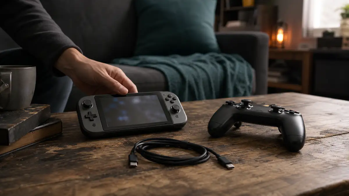 Handheld game system, wireless controller and charging cable on a coffee table