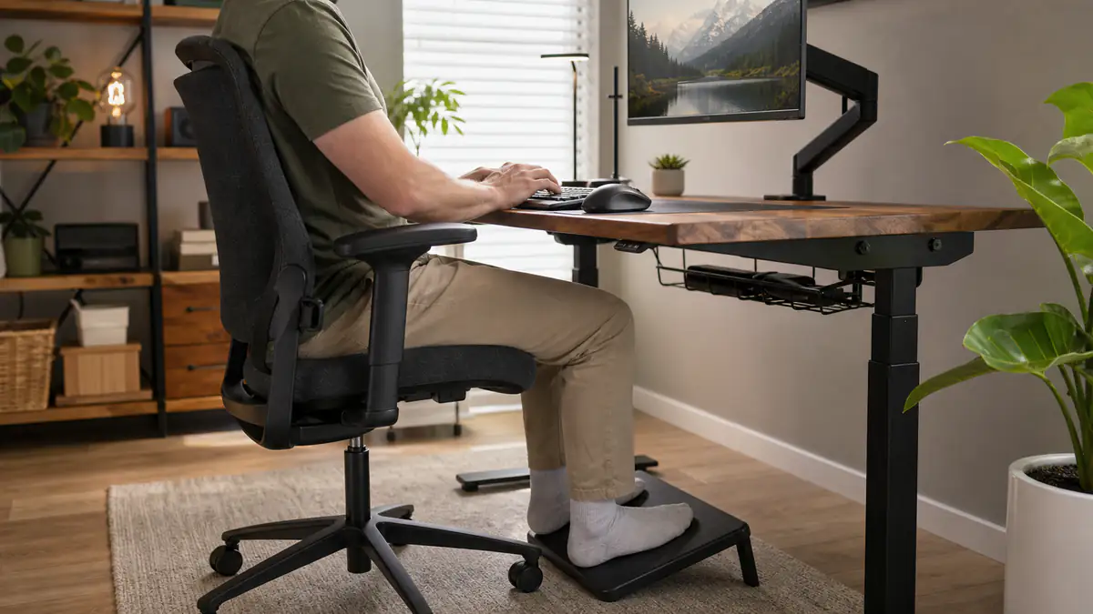 Seated user at an adjustable desk with ergonomic chair, monitor arm and foot support