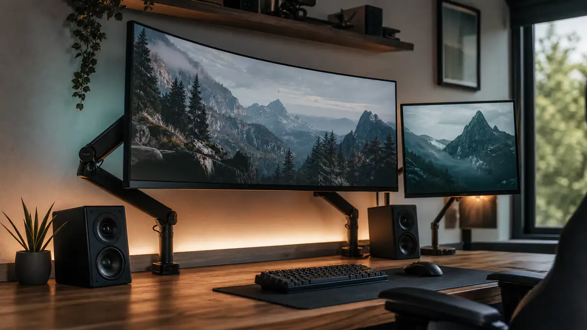 Ultrawide and secondary monitor mounted above a wood gaming desk