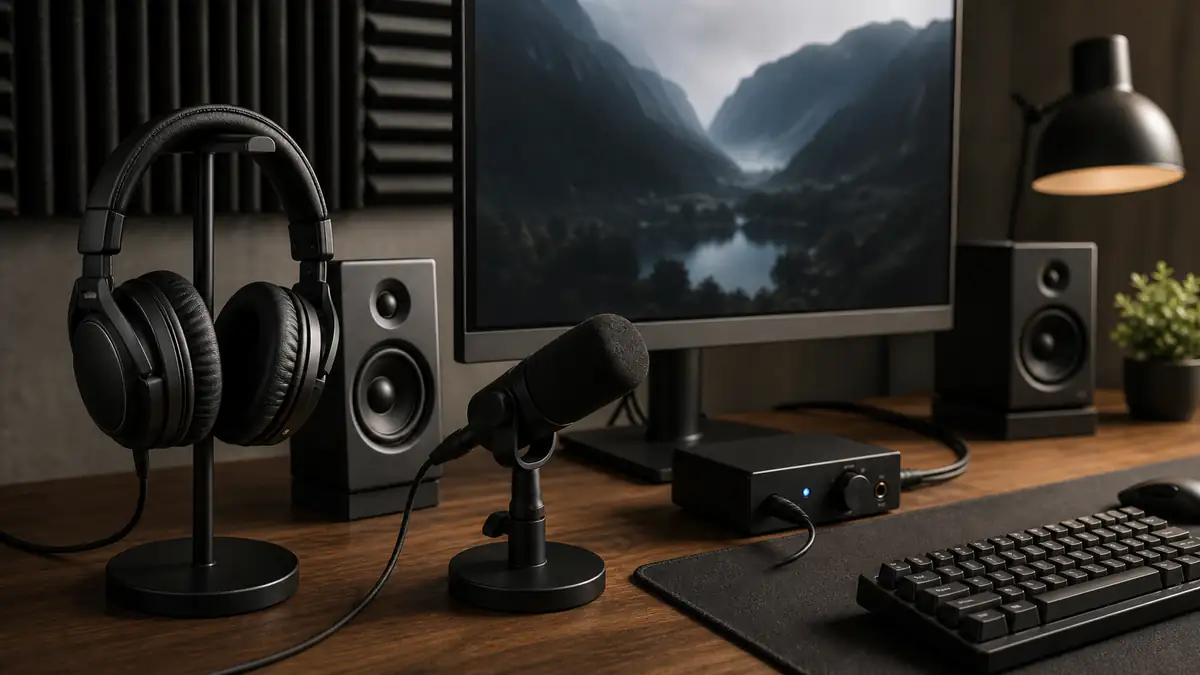 Headset, microphone, audio interface and desktop speakers arranged around a monitor