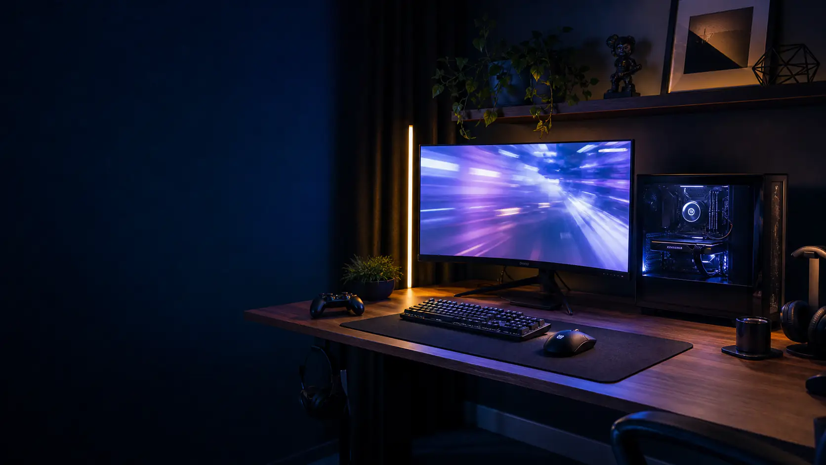 Gaming PC, monitor, keyboard, controller and desk setup in a home room