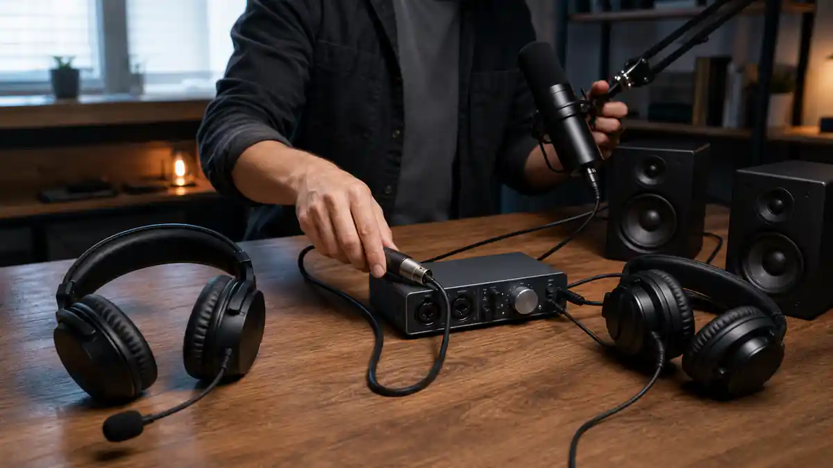 Headset and separate microphone audio paths connected through a desktop interface