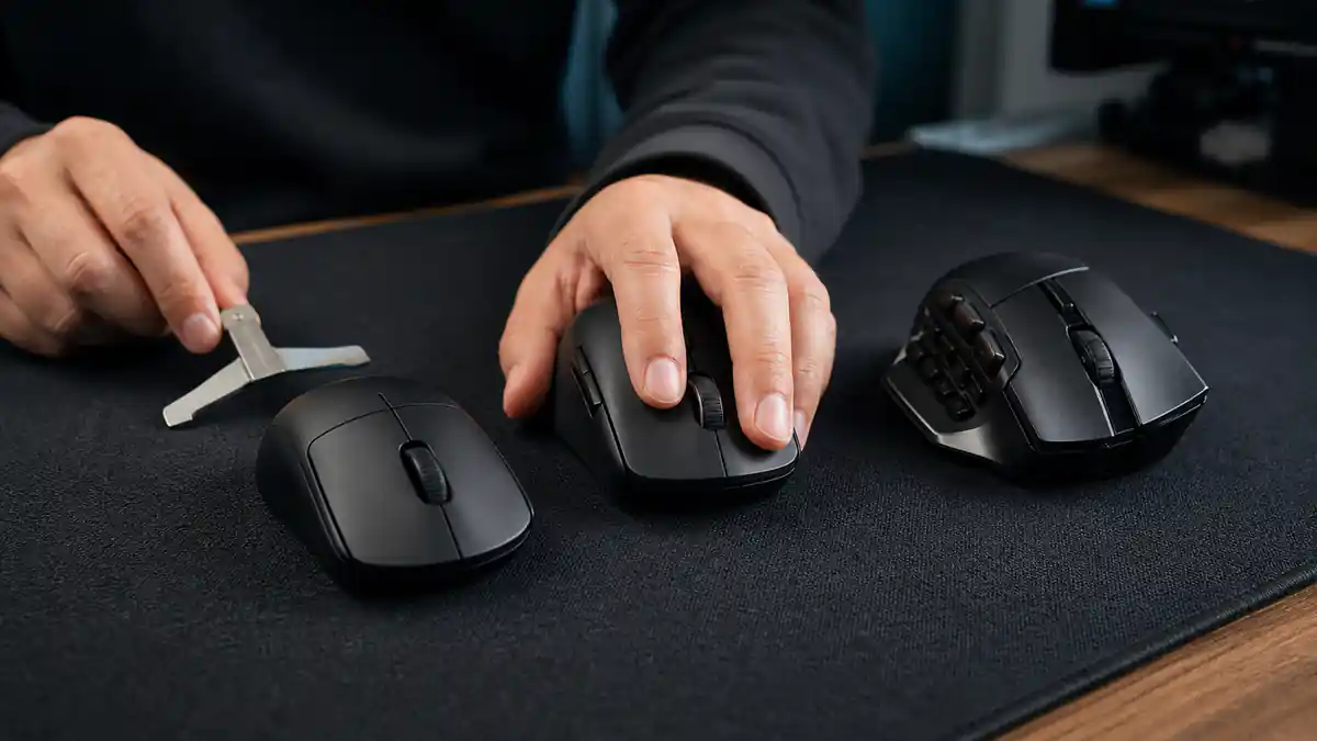 Three mouse shapes compared for hand fit on a woven desk mat