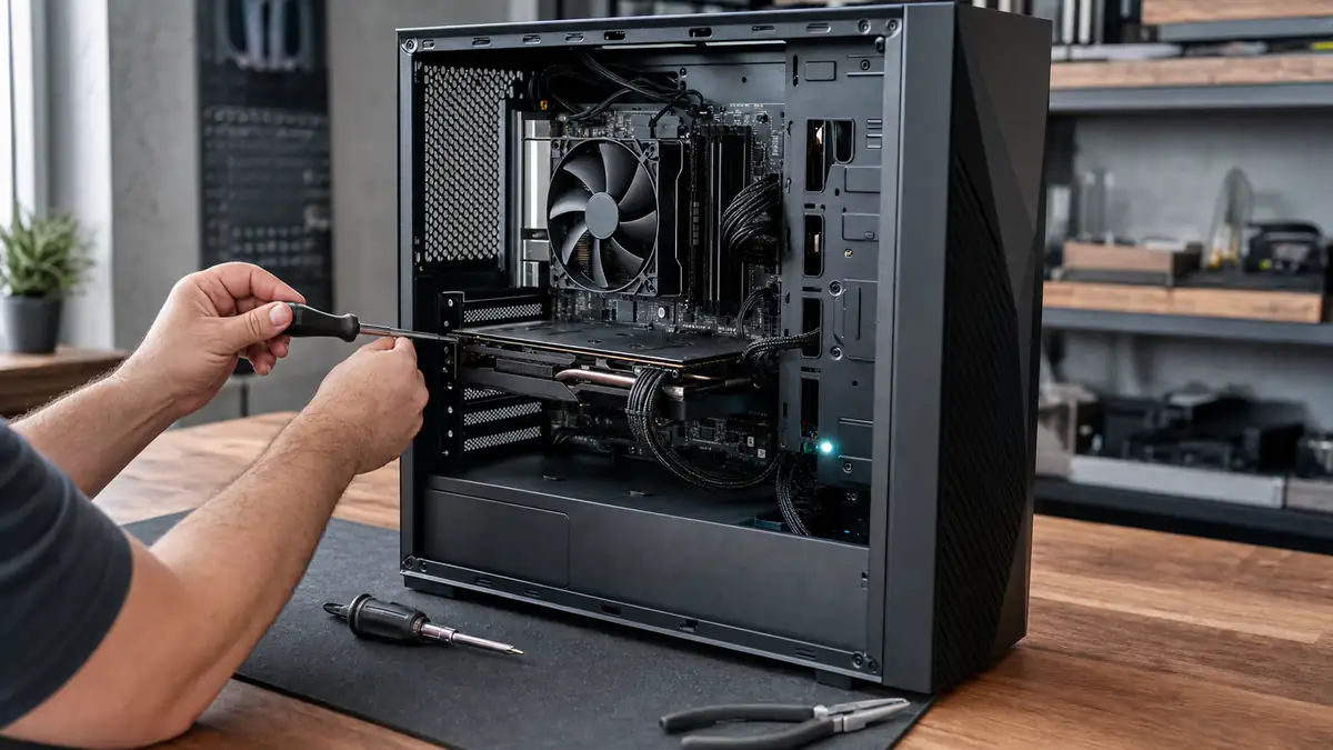 Open desktop PC on a workbench with a technician installing components