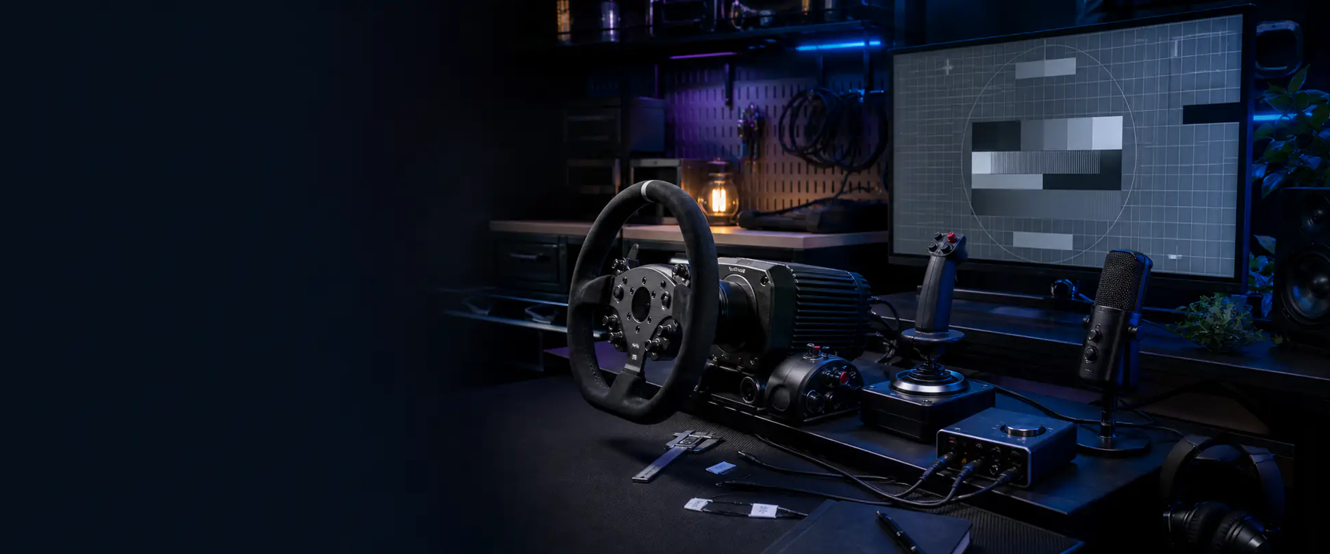 Technology evaluation bench with gaming, creator, racing and flight-simulation equipment