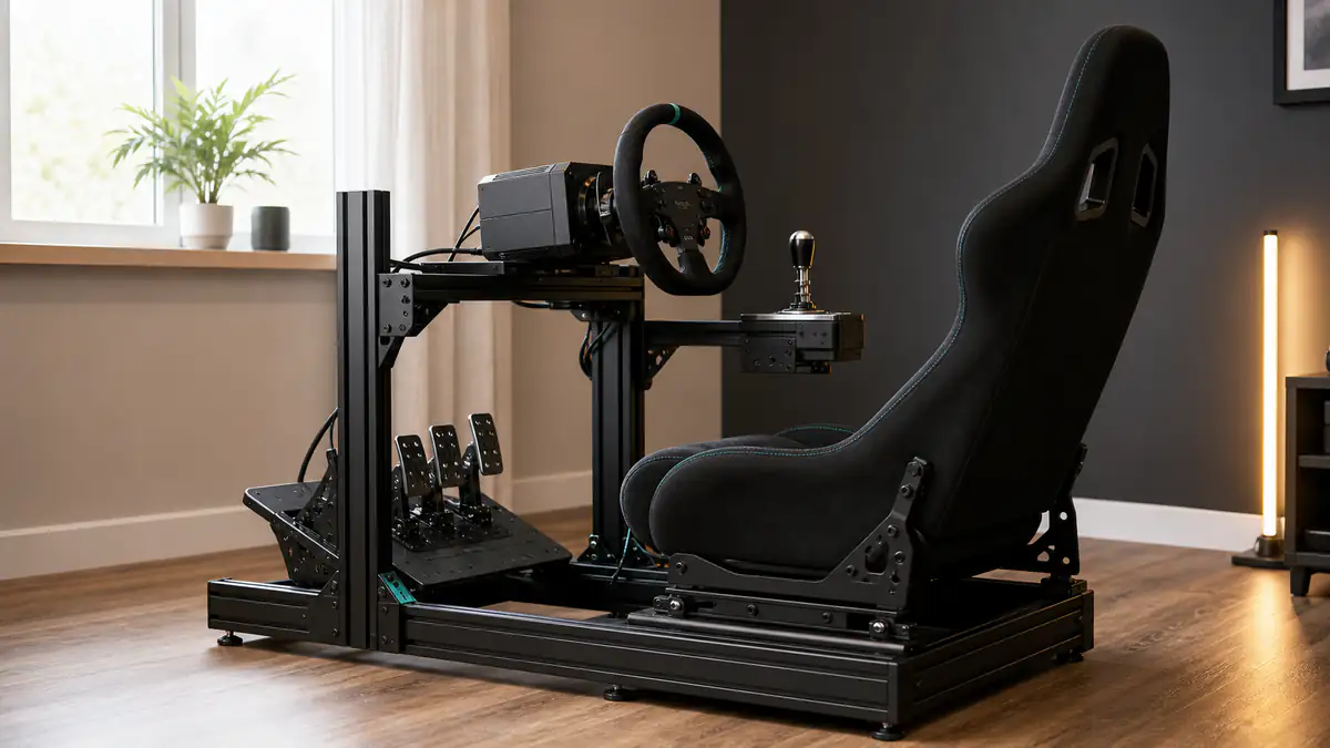 Complete aluminum-profile sim-racing cockpit with bucket seat, wheel deck and pedals