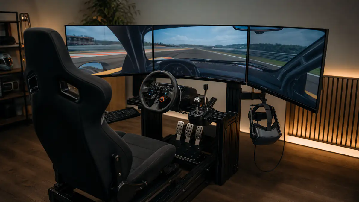 Sim-racing cockpit with aligned triple monitors and a VR headset on a side hook