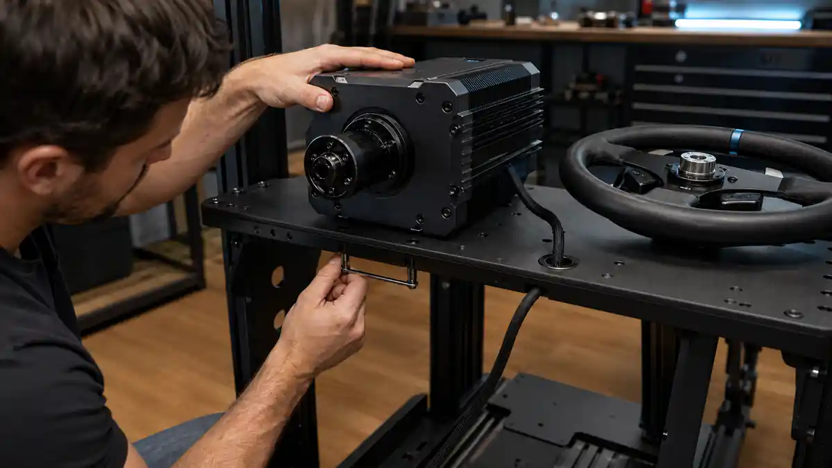 Technician bolts a direct-drive wheelbase to a rigid simulator wheel deck