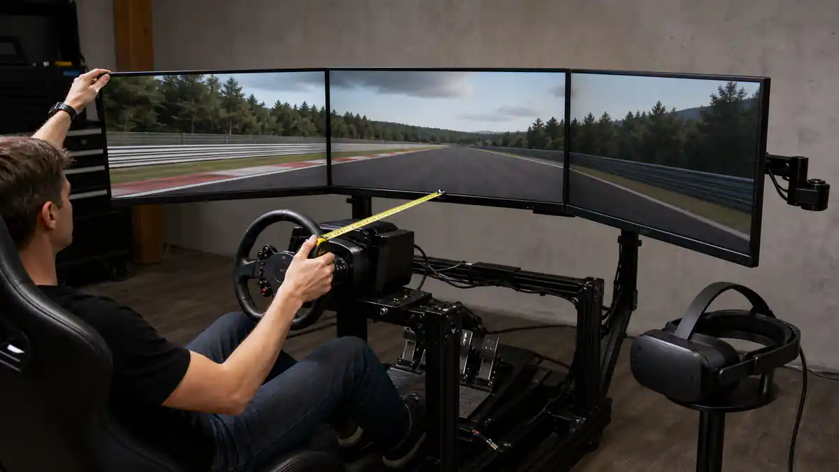 Installer measures viewing distance across a triple-monitor sim-racing cockpit