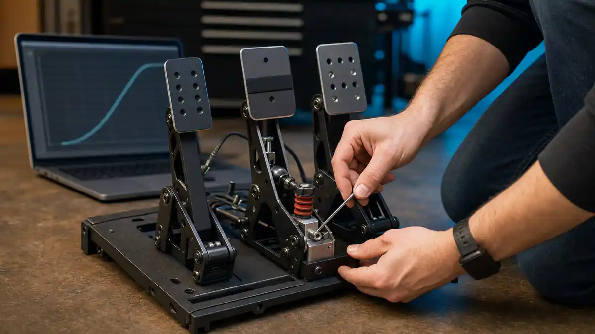 Technician adjusts the brake elastomer stack on mounted load-cell pedals