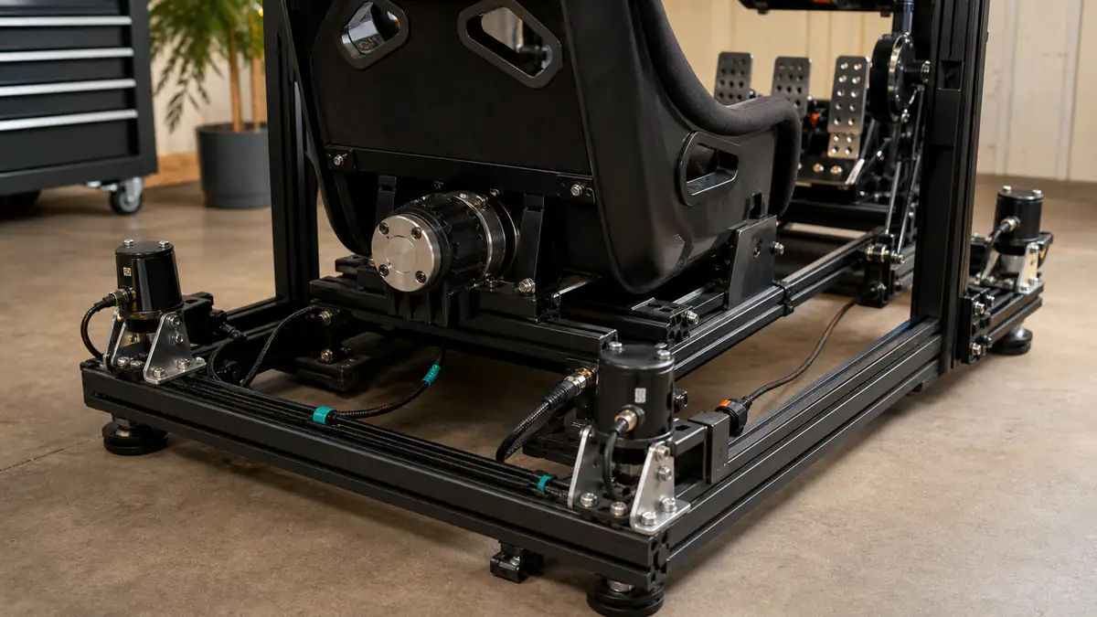 Motion actuators and a tactile transducer mounted beneath a sim-racing seat