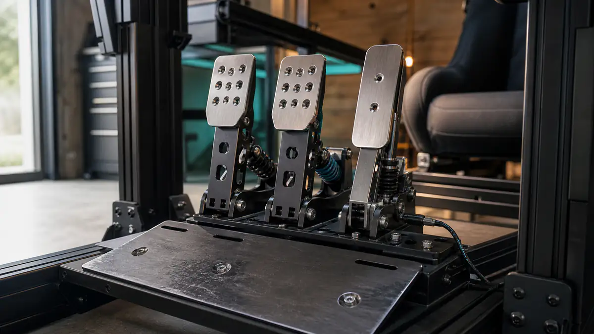 Three metal sim-racing pedals mounted to a rigid pedal plate