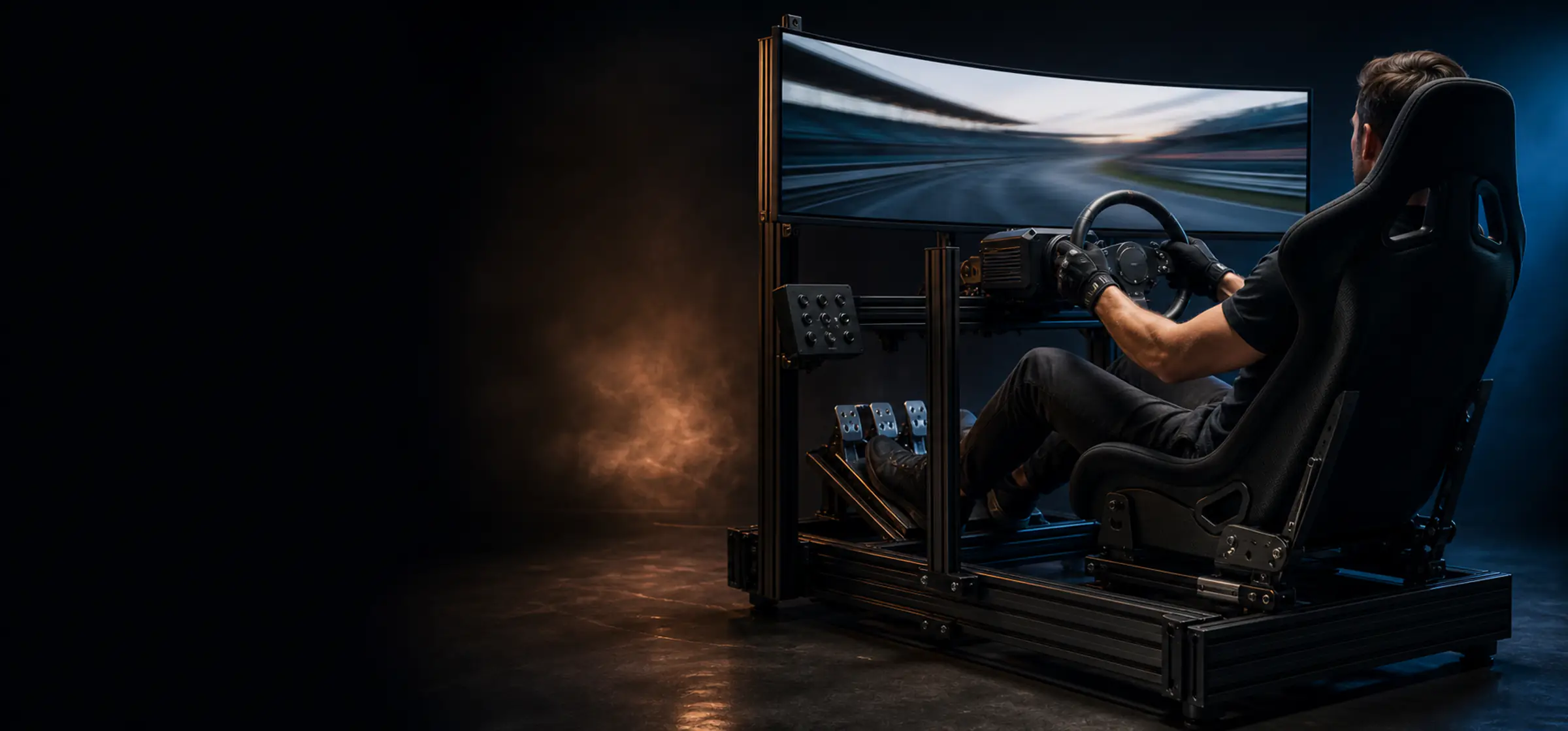 Driver operating a rigid sim-racing cockpit with direct-drive wheel, pedals and display