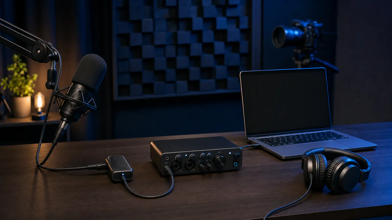 Microphone, signal adapter, audio interface, laptop and monitoring headphones connected across a creator desk