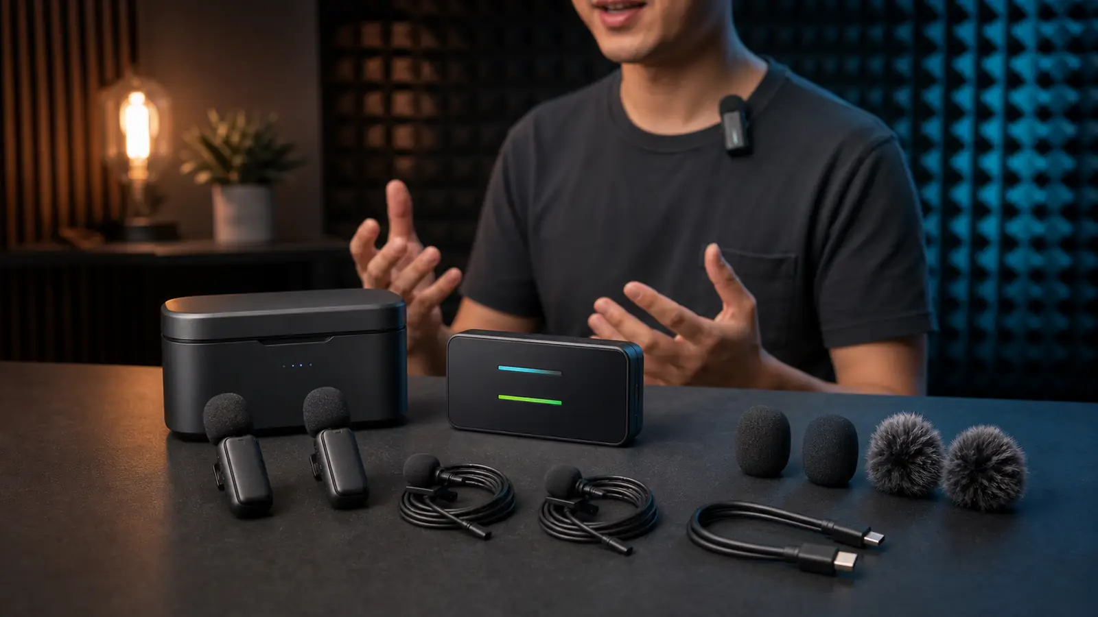 Wireless microphone transmitters, receiver, lavaliers, charging case and wind protection