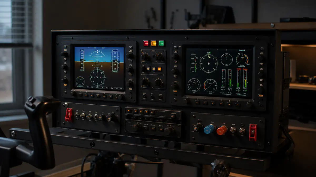 Home flight-simulator avionics panel with glass instruments, radios and tactile controls