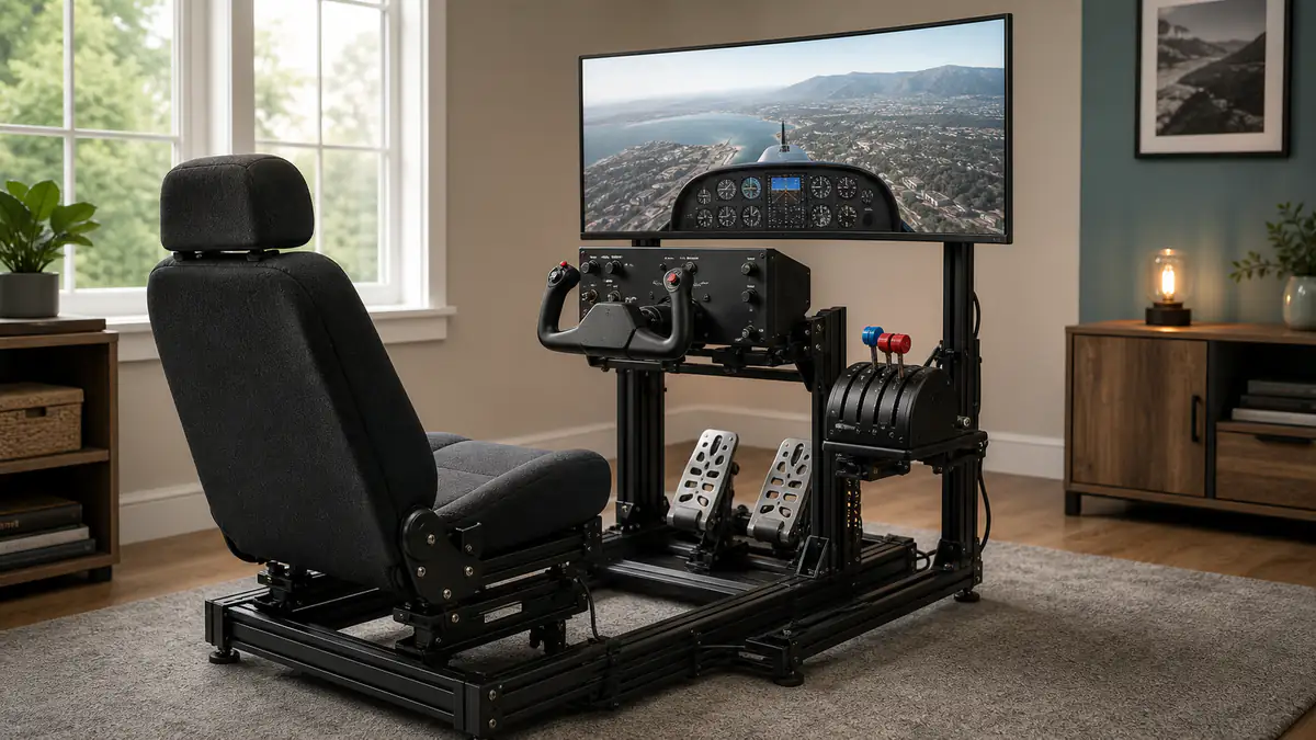 Modular flight-simulator cockpit with seat, yoke, throttle, rudder pedals and display