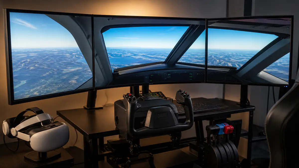 Flight-simulator cockpit with triple displays, yoke and VR headset
