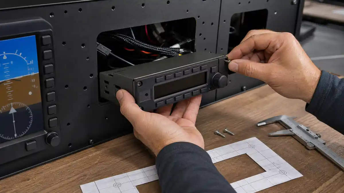 Hands install a modular avionics unit into a measured simulator panel opening
