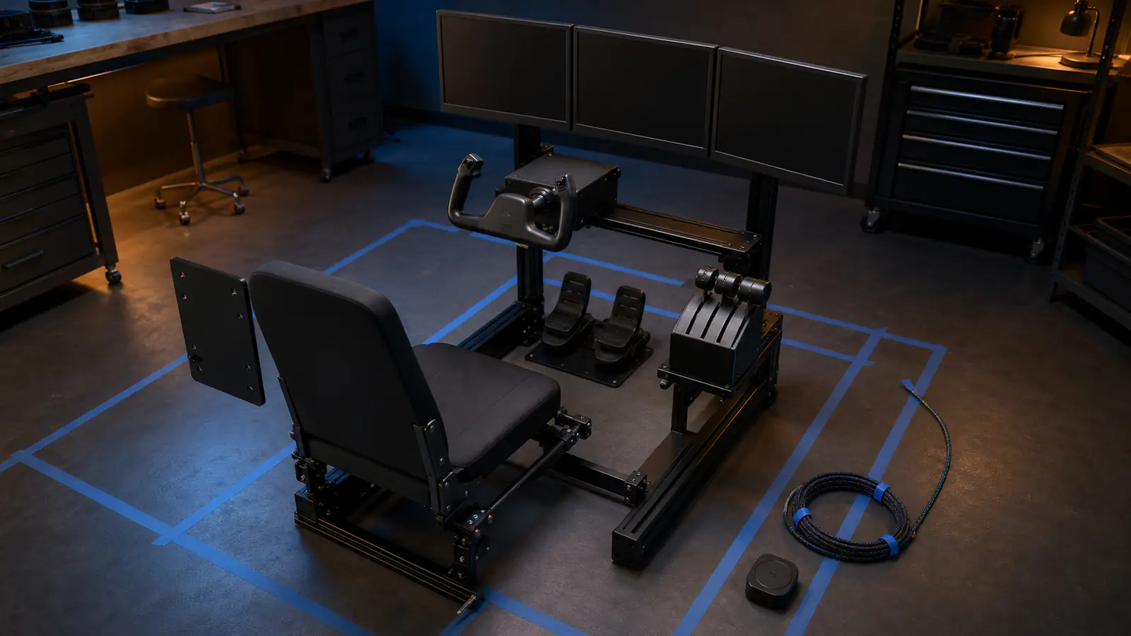 Modular flight-simulation cockpit laid out with temporary mounts and cable routing