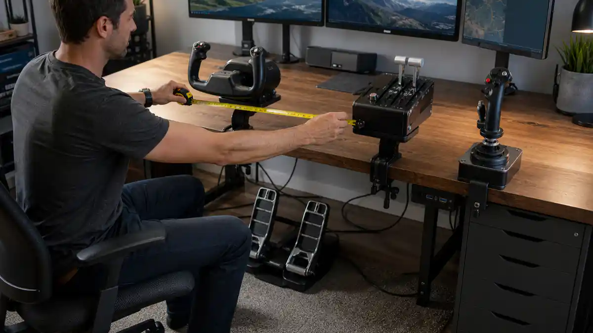 Yoke, flight stick, throttle and rudder pedals arranged to plan a control system