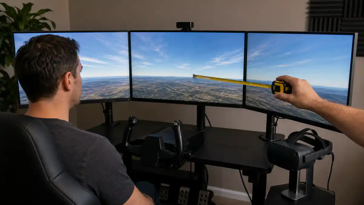 Seated pilot tests sightline distance across three displays with VR nearby