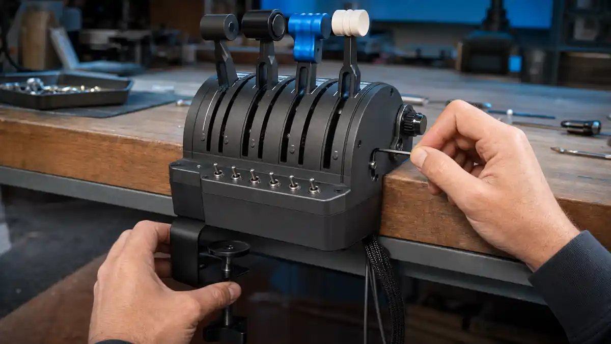 Technician adjusts the detent on a clamped four-lever throttle quadrant