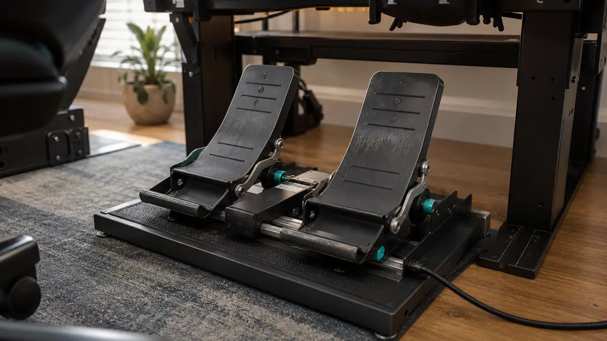 Two flight-simulator rudder pedals with toe brakes mounted beneath a cockpit frame