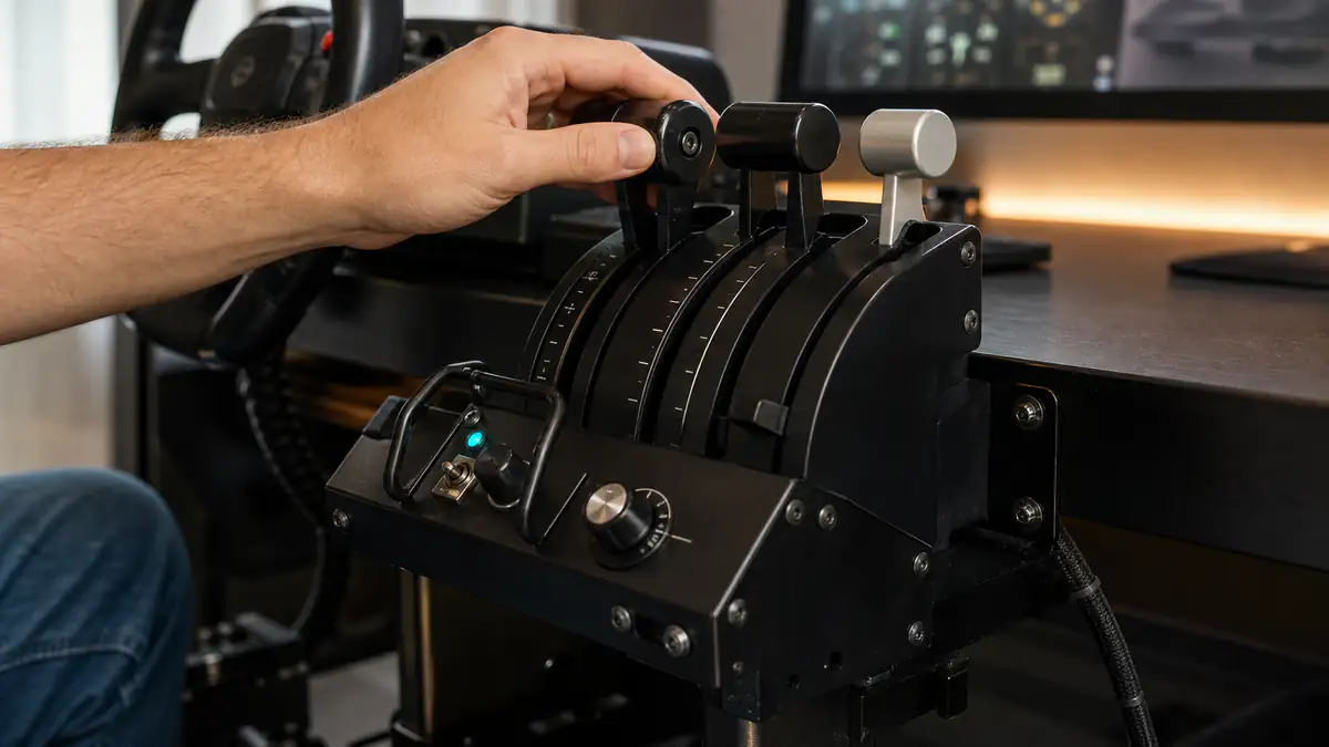 Hand operating a four-lever flight-simulator throttle quadrant