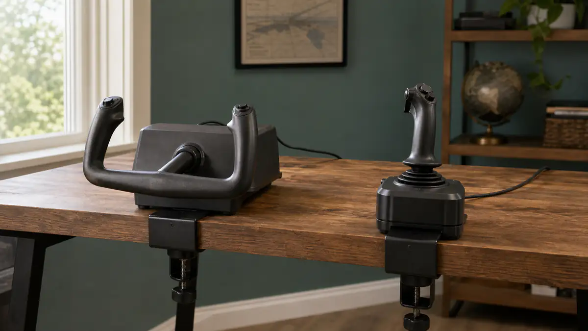 Desk-mounted flight yoke and separate joystick shown as alternative control options