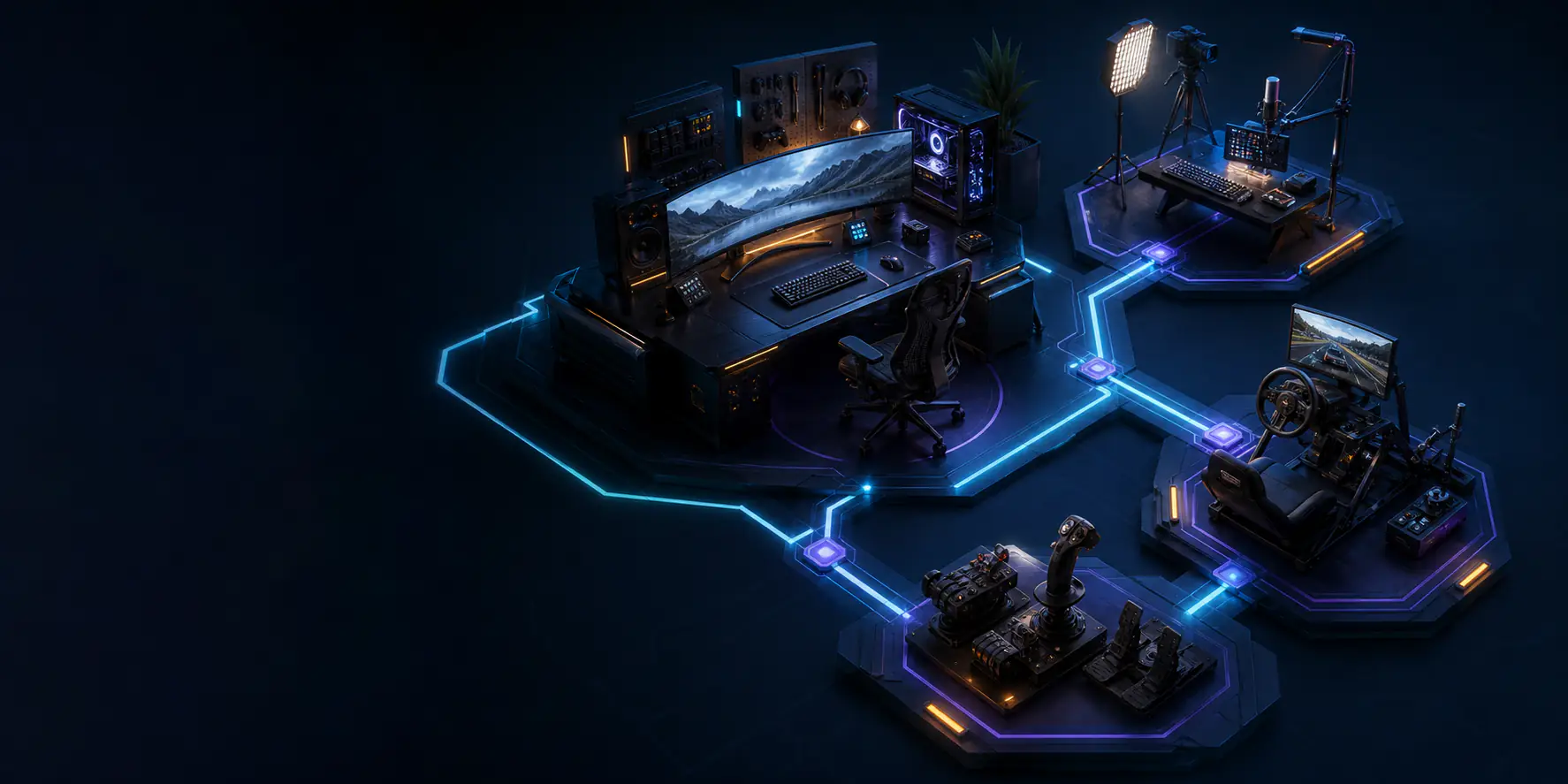 Connected gaming, creator, sim-racing and flight-simulation setup worlds