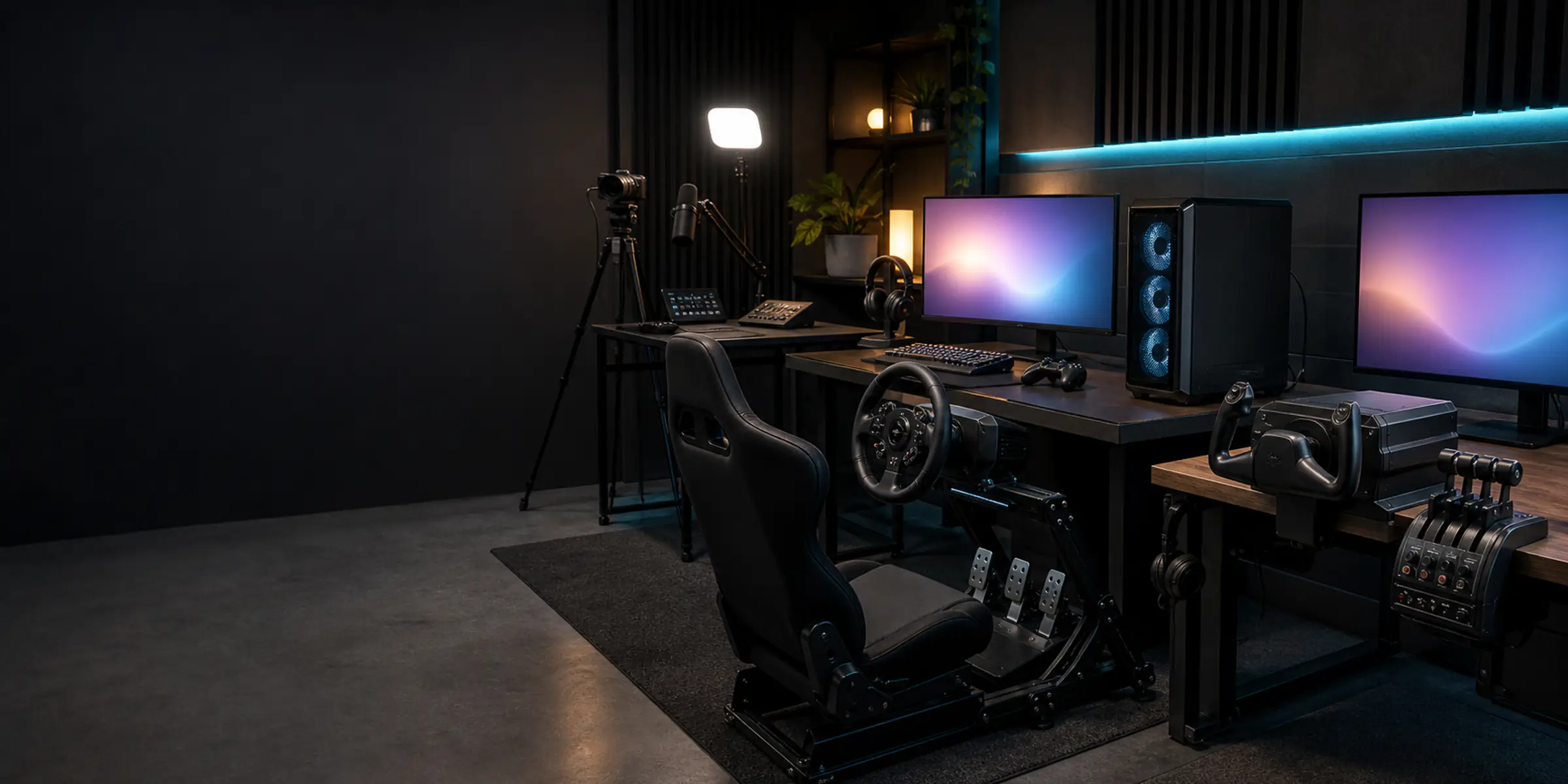 Creator, gaming, sim-racing and flight-simulation equipment arranged as four connected setup environments