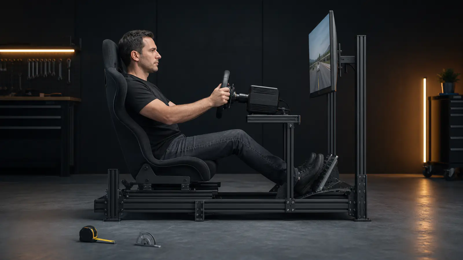 Driver seated in a side-view sim-racing cockpit with aligned wheel, pedals and display